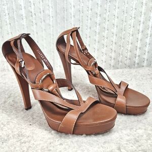 Gucci Silver Horsebit Leather Platform 5 inch Heels Tan Size 41